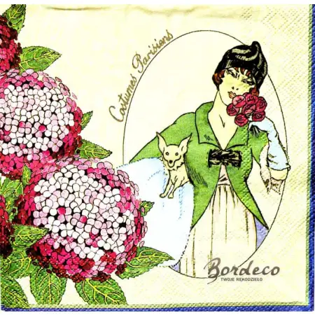 Serwetka do decoupage dama z pieskiem i hortensje 33x33 SWEET PAC, Unikat